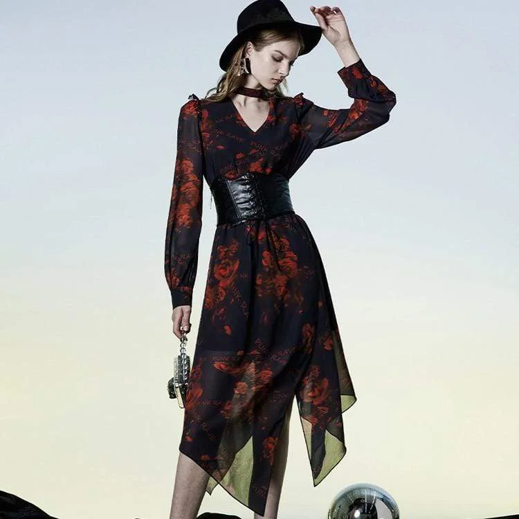 Casual Comfort Casual Comfort Women's Grunge Rose Printed Plunging Chiffon Dress