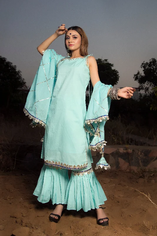 Urban Wear Trends Urban Wear Trends Women's Gotta Jaal Blue Cotton Sharara Set - Pomcha Jaipur Urban Wear Trends Urban Wear Trends Women's Gotta Jaal Blue Cotton Sharara Set - Pomcha Jaipur