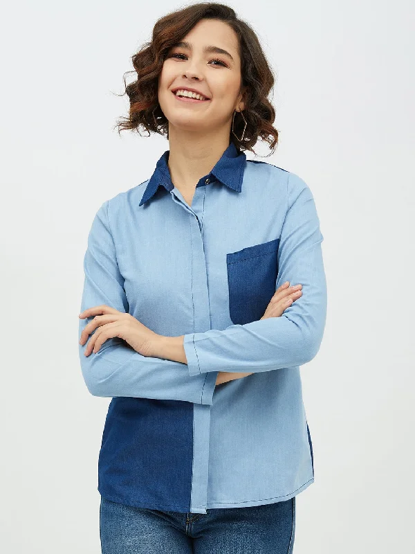 Elegant And Sweet Style Elegant And Sweet Style Women's Blue Colour Block Denim Shirt - StyleStone Elegant And Sweet Style Elegant And Sweet Style Women's Blue Colour Block Denim Shirt - StyleStone
