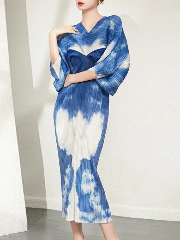 Elegant Slim Style Elegant Slim Style Miyake Pleated V-Neck Irregular Batwing Dress