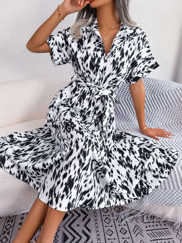 Personalized Graphic Design Personalized Graphic Design Printed Collared Neck Short Sleeve Tie Waist Dress Personalized Graphic Design Personalized Graphic Design Printed Collared Neck Short Sleeve Tie Waist Dress