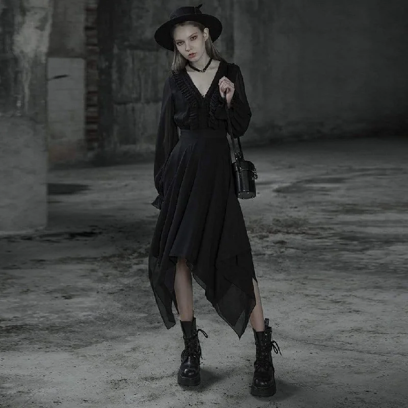 Effortless Vintage Look Effortless Vintage Look Women's Gothic V-neck Long Sleeved Irregular Hem Chiffon Dresses Effortless Vintage Look Effortless Vintage Look Women's Gothic V-neck Long Sleeved Irregular Hem Chiffon Dresses