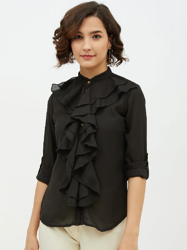 Romantic Floral Design Romantic Floral Design Women's Black Ruffle Polyester Moss Shirt - StyleStone Romantic Floral Design Romantic Floral Design Women's Black Ruffle Polyester Moss Shirt - StyleStone