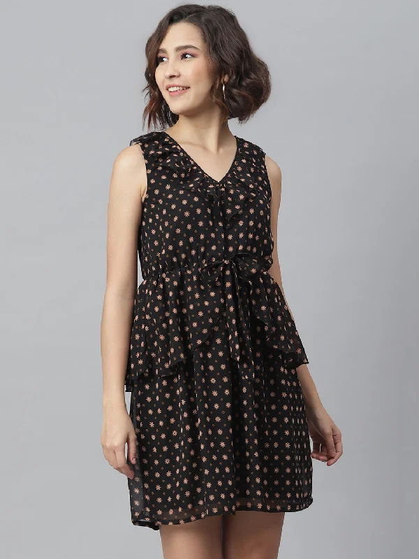 Romantic Lightness Romantic Lightness Women's Black Printed Peplum Style Dress - StyleStone Romantic Lightness Romantic Lightness Women's Black Printed Peplum Style Dress - StyleStone