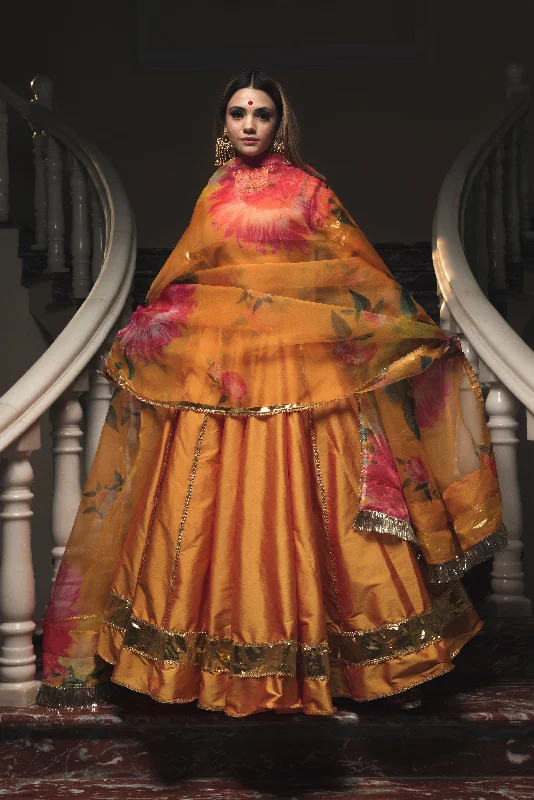 Leisure Time Leisure Time Women's Taffeta Silk Orange Lehenga- Pomcha Jaipur