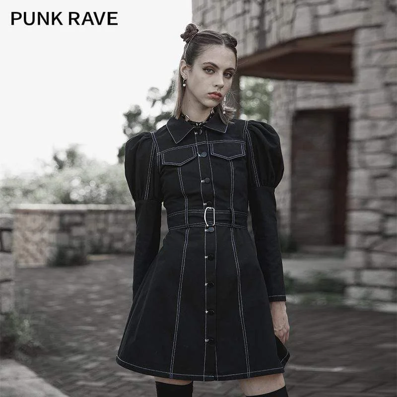 Elegant And Luxurious Feeling Elegant And Luxurious Feeling Women's Punk Turn-down Collar Puff Sleeved Dress Elegant And Luxurious Feeling Elegant And Luxurious Feeling Women's Punk Turn-down Collar Puff Sleeved Dress
