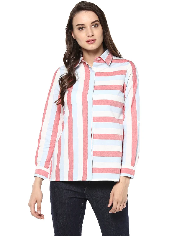 Romantic Skirt Design Romantic Skirt Design Women's Cotton Horizontal and Vertical Striped Shirt - StyleStone Romantic Skirt Design Romantic Skirt Design Women's Cotton Horizontal and Vertical Striped Shirt - StyleStone