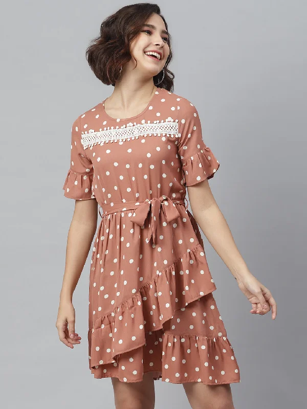 Cozy Wear Cozy Wear Women's Brown Polka Dress with Lace detail - StyleStone