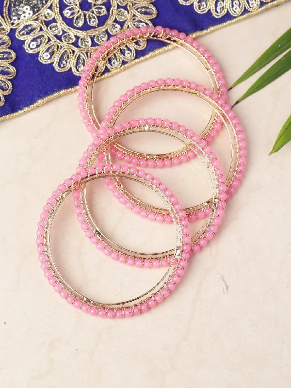 Simple Fashion Simple Fashion Women's Set Of 4 Gold-Plated Pink Beaded Bangles - Priyaasi Simple Fashion Simple Fashion Women's Set Of 4 Gold-Plated Pink Beaded Bangles - Priyaasi