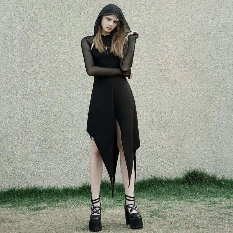 Casual Classic Design Casual Classic Design Women's Gothic Two-piece Irregular Long Sleeved Mesh Dresses with Hood