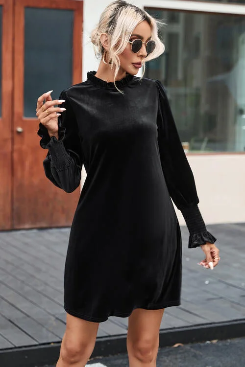 Casual Comfort Casual Comfort Round Neck Smocked Long Sleeve Mini Dress
