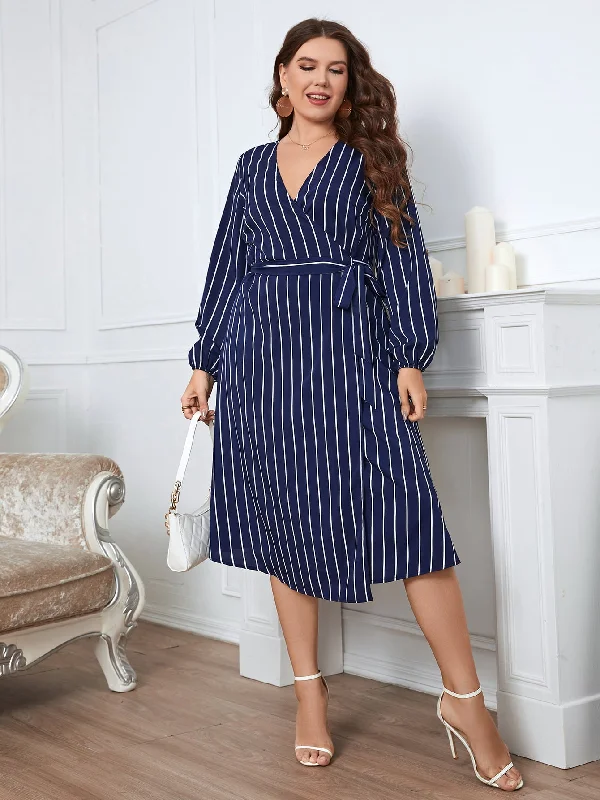 Personalized Three-Dimensional Design Personalized Three-Dimensional Design Plus Size Striped Surplice Neck Long Sleeve Dress Personalized Three-Dimensional Design Personalized Three-Dimensional Design Plus Size Striped Surplice Neck Long Sleeve Dress