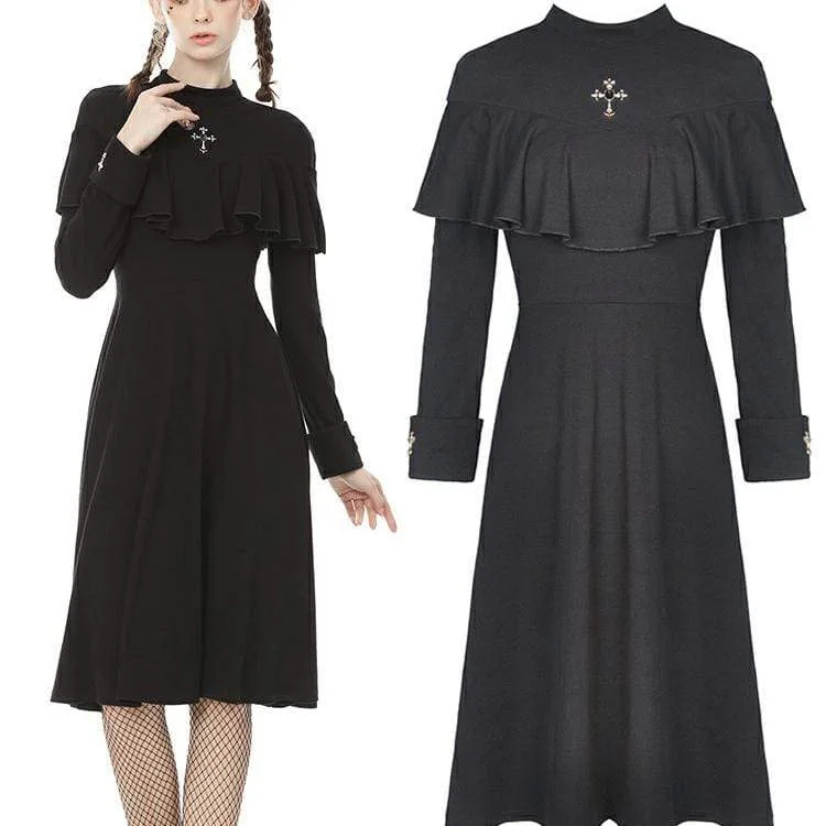 Personalized Text Personalized Text Women's Vintage Gothic Cross Cape Sleeve Black Little Dress Personalized Text Personalized Text Women's Vintage Gothic Cross Cape Sleeve Black Little Dress