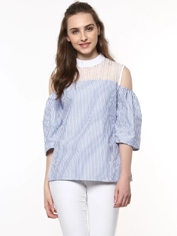 Elegant Temperament Elegant Temperament Women's Blue and White Stripe top with Lace detailing - StyleStone Elegant Temperament Elegant Temperament Women's Blue and White Stripe top with Lace detailing - StyleStone