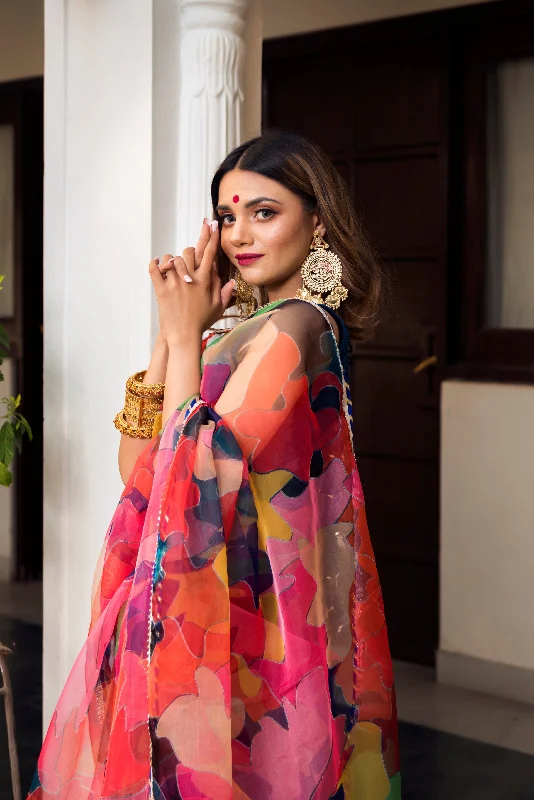 Simple Classic Style Simple Classic Style Women's multi color organza printed saree - Pomcha Jaipur Simple Classic Style Simple Classic Style Women's multi color organza printed saree - Pomcha Jaipur