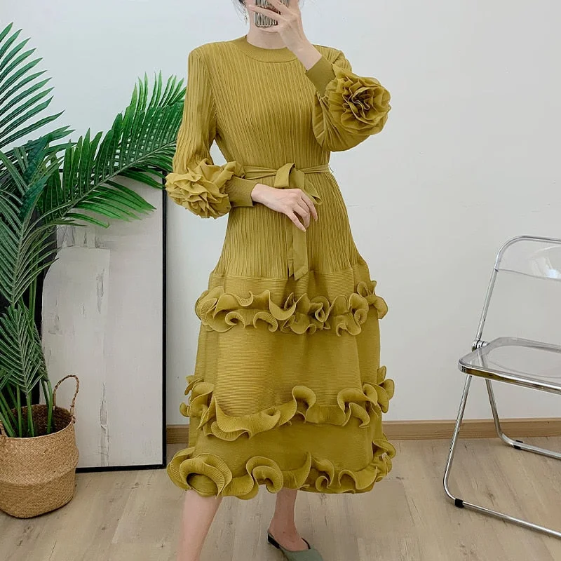Elegant And Noble Style Elegant And Noble Style Miyake Pleated Lace Up Midi Dress