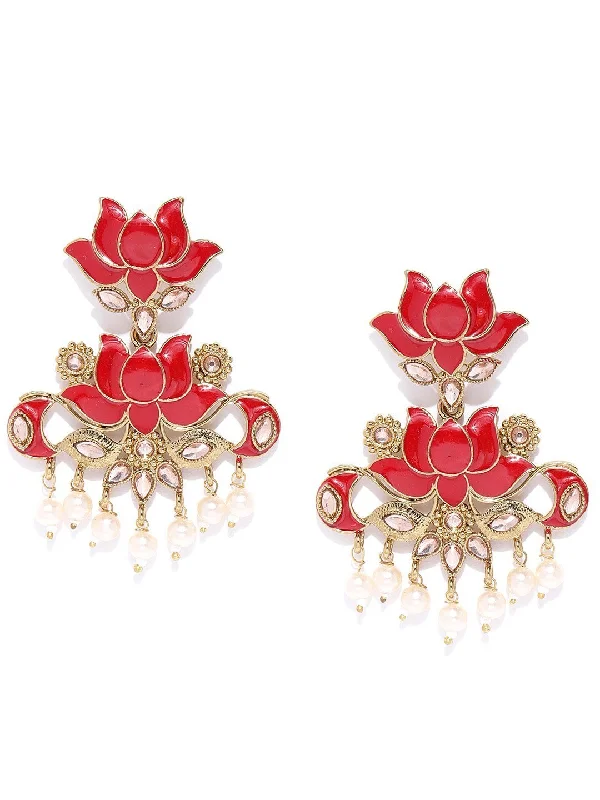 Effortless Vintage Look Effortless Vintage Look Women's Gold-Plated Stones Studded, Lotus Patterned Meenakari Drop Earring in Red Color with Pearls Drop - Priyaasi Effortless Vintage Look Effortless Vintage Look Women's Gold-Plated Stones Studded, Lotus Patterned Meenakari Drop Earring in Red Color with Pearls Drop - Priyaasi