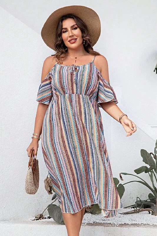 Elegant Slim Style Elegant Slim Style Plus Size Striped Cold-Shoulder Dress