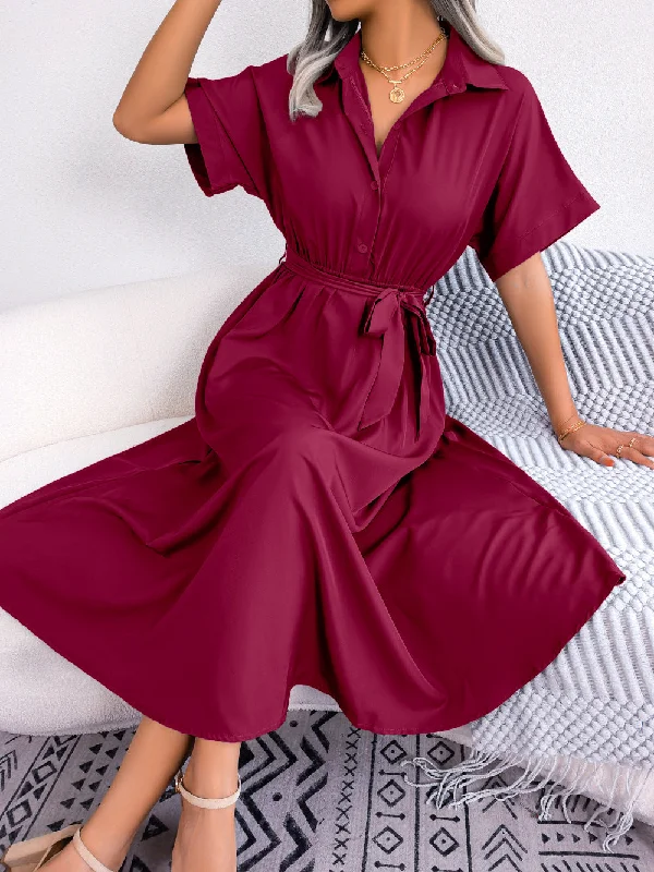 Romantic Skirt Style Romantic Skirt Style Short Sleeve Collared Tie Belt Dress