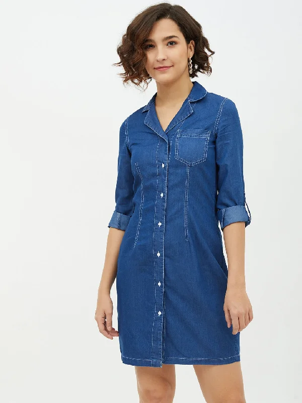 Casual And Relaxed Style Casual And Relaxed Style Women's Denim Lapel Collar Shirt Dress - StyleStone Casual And Relaxed Style Casual And Relaxed Style Women's Denim Lapel Collar Shirt Dress - StyleStone