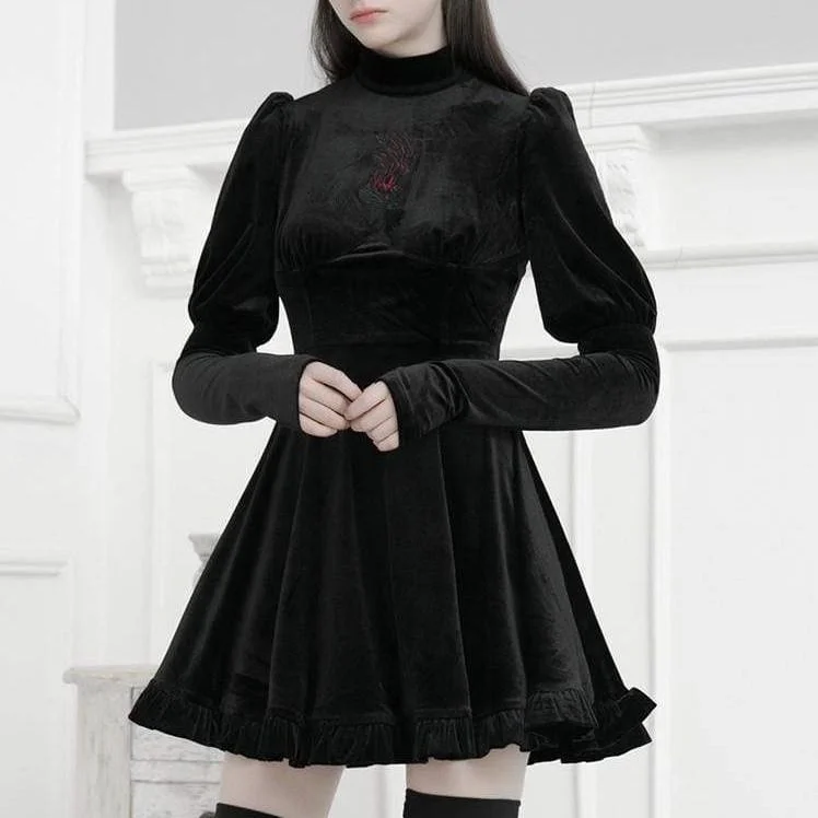 Personalized Embroidery Style Personalized Embroidery Style Women's Gothic Stand Collar Leg-of-mutton Sleeved Velvet Dresses Personalized Embroidery Style Personalized Embroidery Style Women's Gothic Stand Collar Leg-of-mutton Sleeved Velvet Dresses