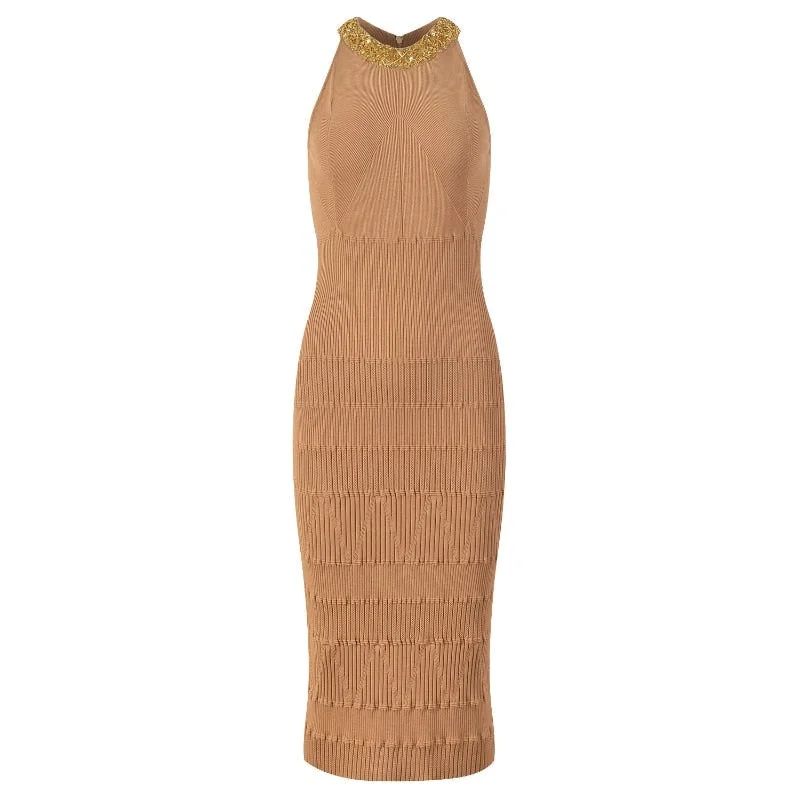 Cozy Wear Cozy Wear Sequin Beaded Collar Halter Neck Sweater Dress