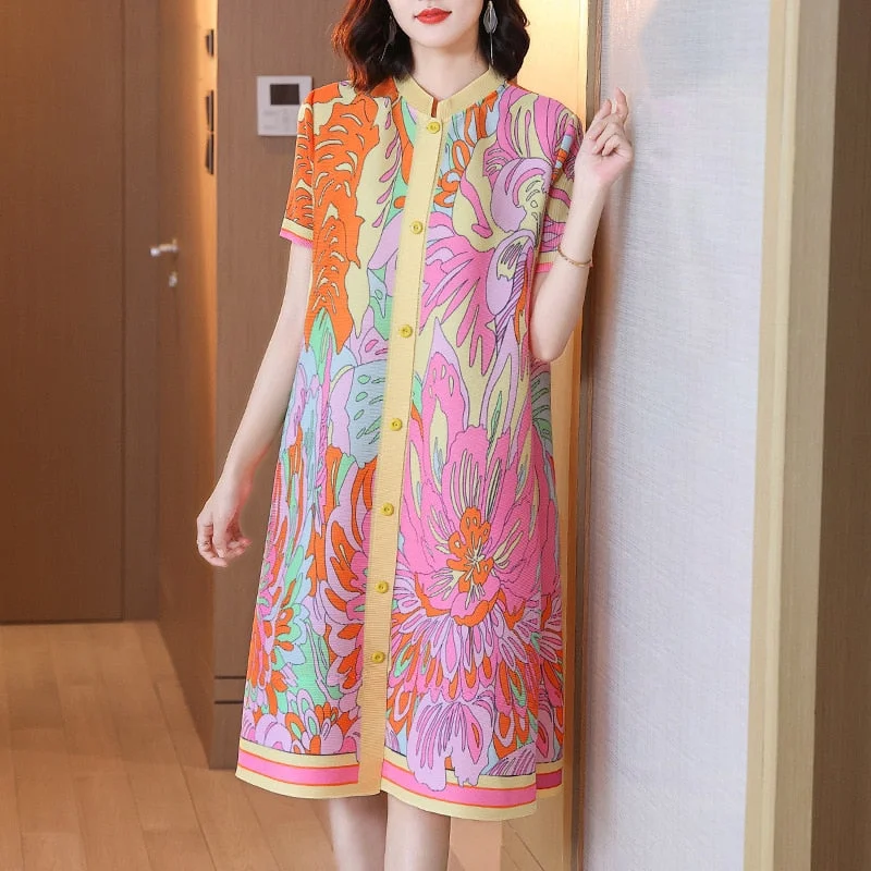 Simple Style Simple Style Miyake Pleated Printed A-line Midi Dress