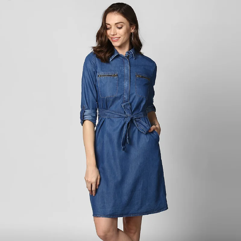 Casual Light Style Casual Light Style Women's Denim Double Pocket Zip Dress - StyleStone Casual Light Style Casual Light Style Women's Denim Double Pocket Zip Dress - StyleStone