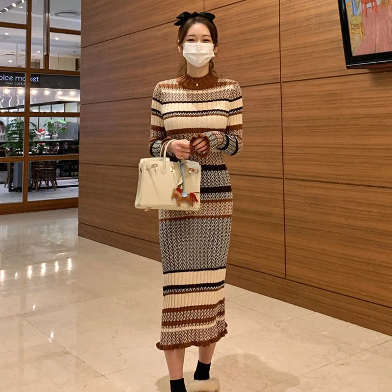 Casual Sports Style Casual Sports Style Striped Long Sleeves Midi Sweater Dress
