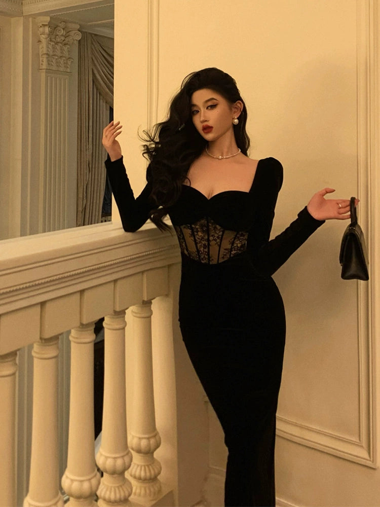 Casual Simple Style Casual Simple Style Sexy square neck velvet dress for women new style lace splicing black dress S5554 Casual Simple Style Casual Simple Style Sexy square neck velvet dress for women new style lace splicing black dress S5554