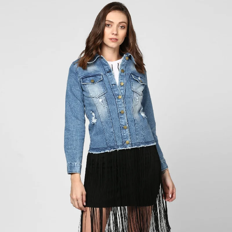 Simple Versatile Style Simple Versatile Style Women's Blue Distressed Denim Jacket - StyleStone Simple Versatile Style Simple Versatile Style Women's Blue Distressed Denim Jacket - StyleStone