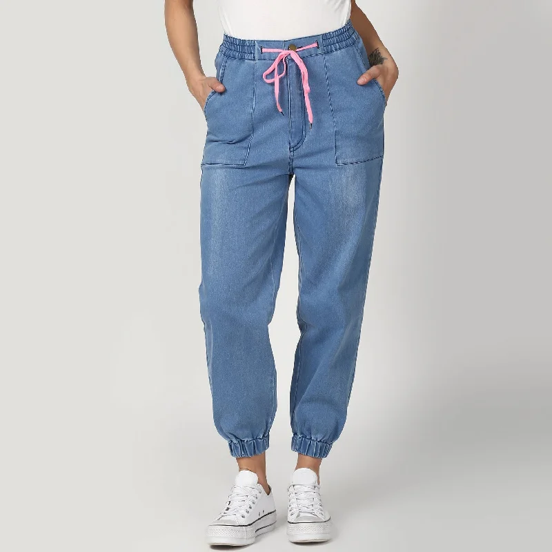 Casual Simple Style Casual Simple Style Women's Blue Denim Joggers with Pink Drawstring - StyleStone Casual Simple Style Casual Simple Style Women's Blue Denim Joggers with Pink Drawstring - StyleStone