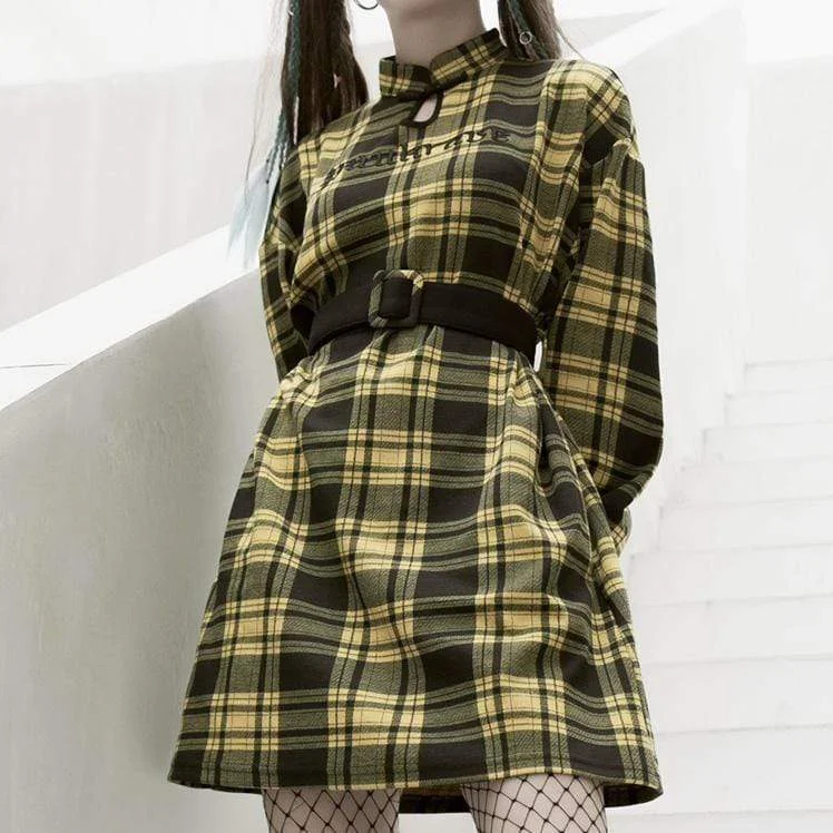 Personalized Denim Style Personalized Denim Style Women's Grunge Autumn Casual Plaid Dresses With Belt Personalized Denim Style Personalized Denim Style Women's Grunge Autumn Casual Plaid Dresses With Belt