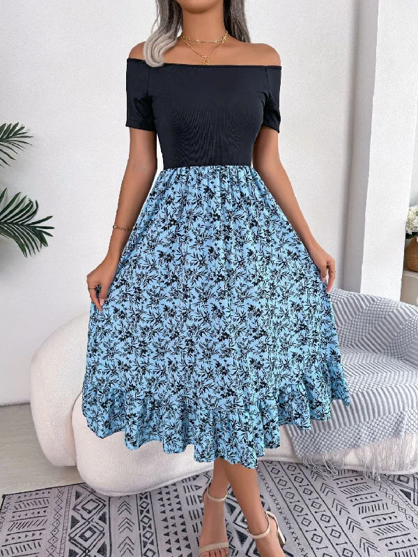 Personalized Text Personalized Text Printed Off-Shoulder Ruffle Hem Dress