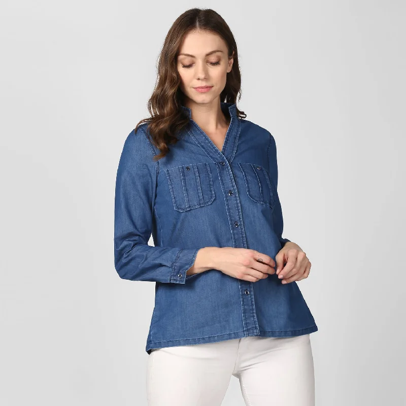 Simple Style Simple Style Women's Blue Denim Top cum shirt with striped pocket detail - StyleStone Simple Style Simple Style Women's Blue Denim Top cum shirt with striped pocket detail - StyleStone