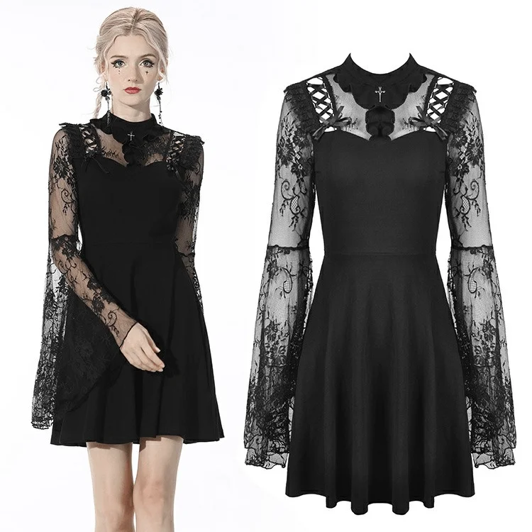 Romantic Pastoral Style Romantic Pastoral Style Women's Gothic Sheer Sleeved Cutout Black Dress Wedding Dress Romantic Pastoral Style Romantic Pastoral Style Women's Gothic Sheer Sleeved Cutout Black Dress Wedding Dress