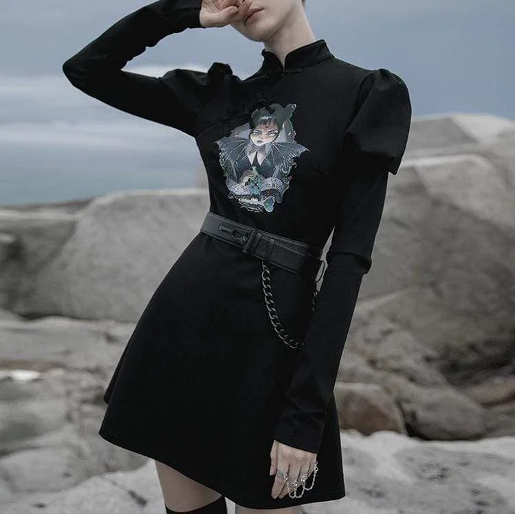 Romantic Exquisite Style Romantic Exquisite Style Women's Gothic Stand Collar Long Puff Sleeved Printed Frog Dresses Romantic Exquisite Style Romantic Exquisite Style Women's Gothic Stand Collar Long Puff Sleeved Printed Frog Dresses