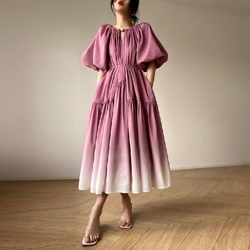 Simple Casual Feeling Simple Casual Feeling Gradient Pleated V-Neck Puff Sleeve Midi Dress