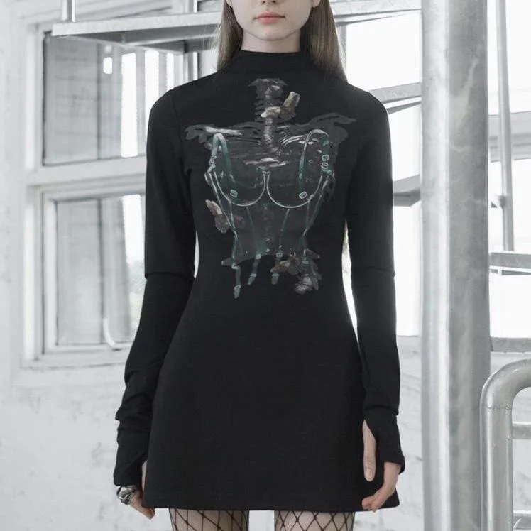 Elegant And Simple Elegant And Simple Women's Stand Collar Long Sleeved X-ray Pattern Dresses Elegant And Simple Elegant And Simple Women's Stand Collar Long Sleeved X-ray Pattern Dresses