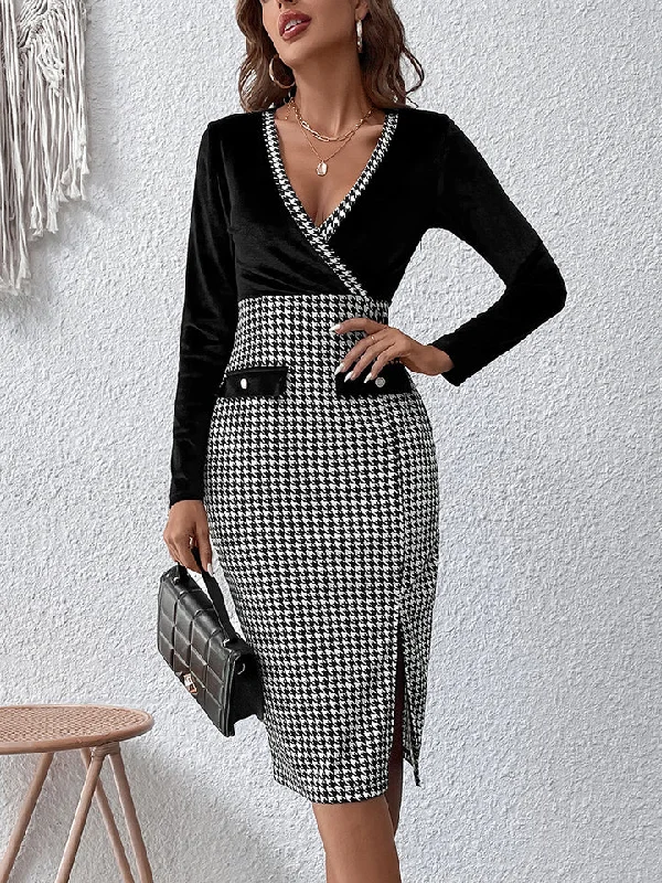 Personalized Design Jacket Personalized Design Jacket Surplice Neck Houndstooth Dress Personalized Design Jacket Personalized Design Jacket Surplice Neck Houndstooth Dress