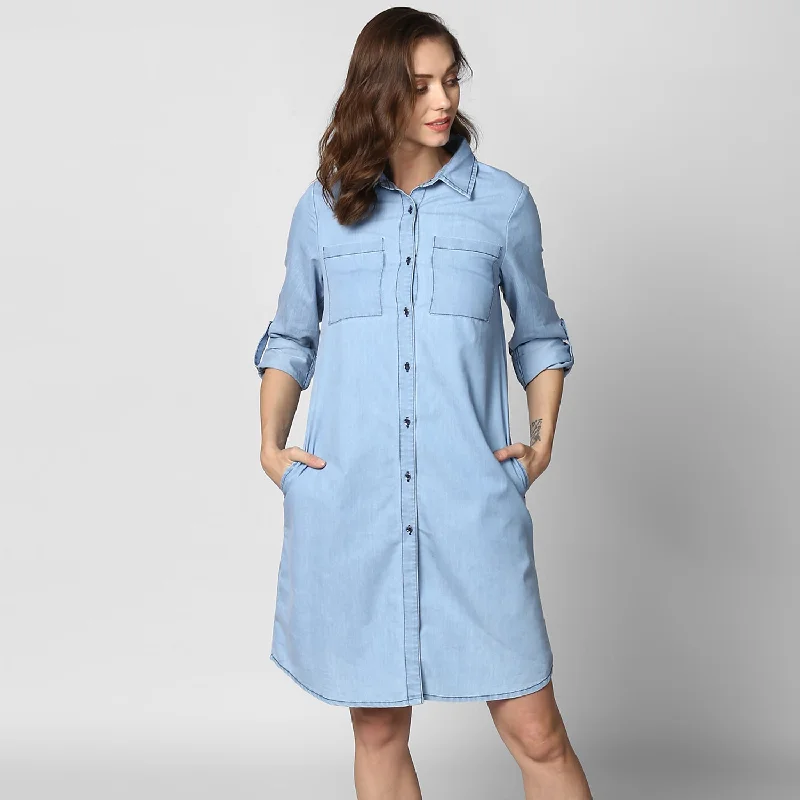 Casual Casual Style Casual Casual Style Women's Light Blue Denim Double Pocket Double Flap Dress - StyleStone Casual Casual Style Casual Casual Style Women's Light Blue Denim Double Pocket Double Flap Dress - StyleStone