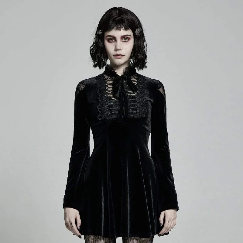 Casual Matching Style Casual Matching Style Women's Victorian Gothic Flare Sleeved Velet Black Little Dresses with Bow Tie Casual Matching Style Casual Matching Style Women's Victorian Gothic Flare Sleeved Velet Black Little Dresses with Bow Tie