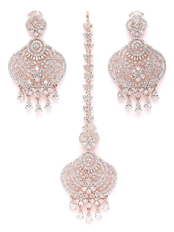 Romantic Tenderness Romantic Tenderness Women's Rose Gold-Plated American Diamond Studded Floral inspired MaangTikka And Earrings Set - Priyaasi Romantic Tenderness Romantic Tenderness Women's Rose Gold-Plated American Diamond Studded Floral inspired MaangTikka And Earrings Set - Priyaasi