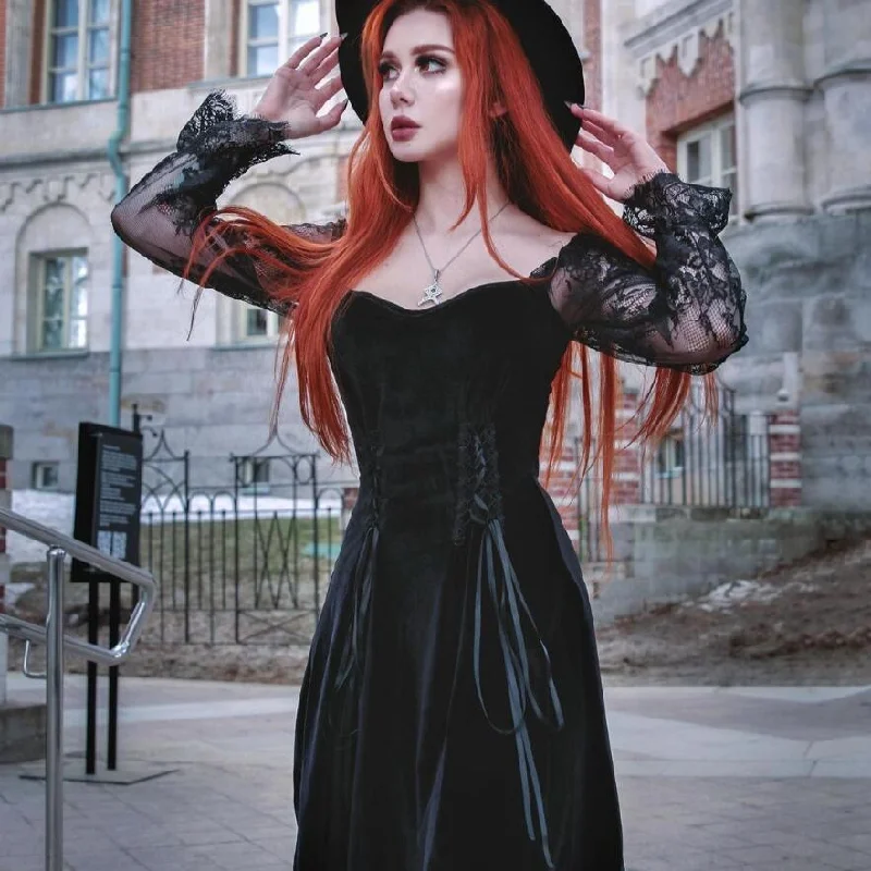 Chic Style Chic Style Women's Gothic Lace Floral Sleeve Strappy Velet Dresses