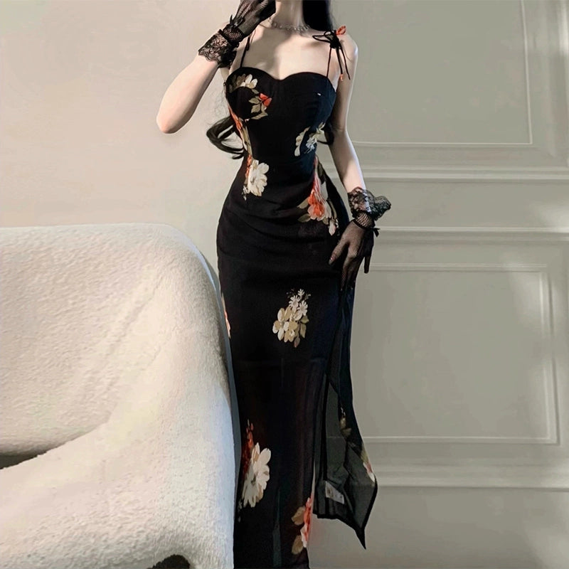 Elegant And Luxurious Feeling Elegant And Luxurious Feeling Sexy black floral suspender dress for women long party dress S5800 Elegant And Luxurious Feeling Elegant And Luxurious Feeling Sexy black floral suspender dress for women long party dress S5800