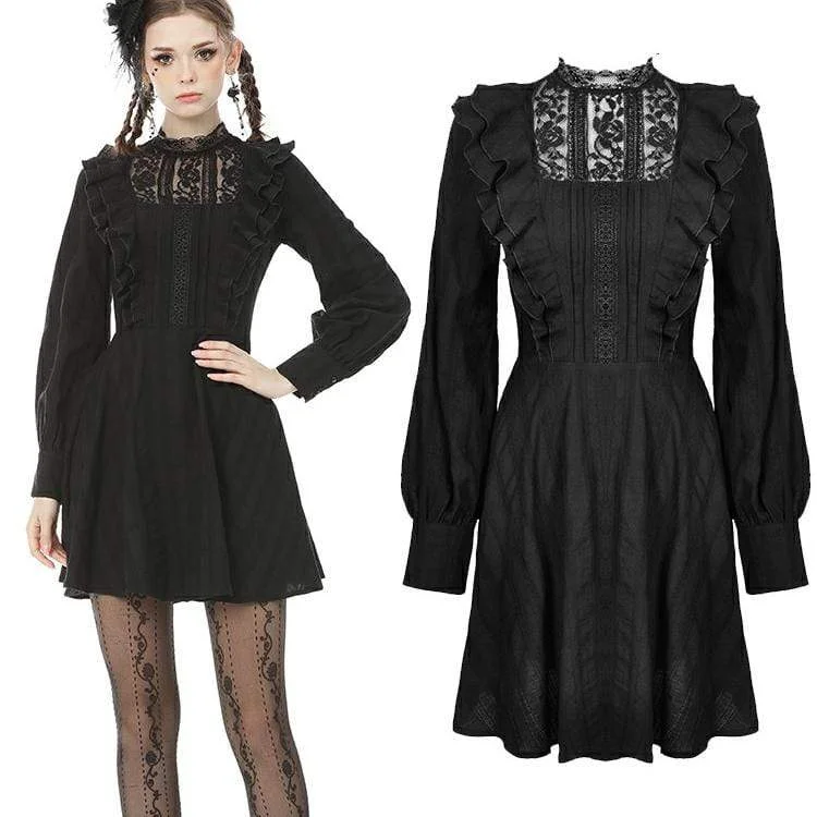 Elegant Lace Style Elegant Lace Style Women's Goth Lace Collar Long Sleeved Ruffles Black Little Dresses Elegant Lace Style Elegant Lace Style Women's Goth Lace Collar Long Sleeved Ruffles Black Little Dresses