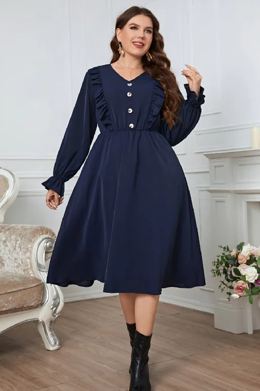 Elegant Wool Coat Elegant Wool Coat Plus Size V-Neck Buttoned Flounce Sleeve Dress