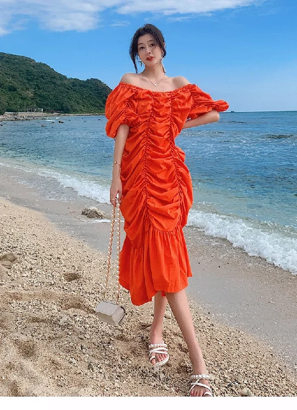 Rock Street Items Rock Street Items Pleated Slash Neck Short Sleeve Midi Dress