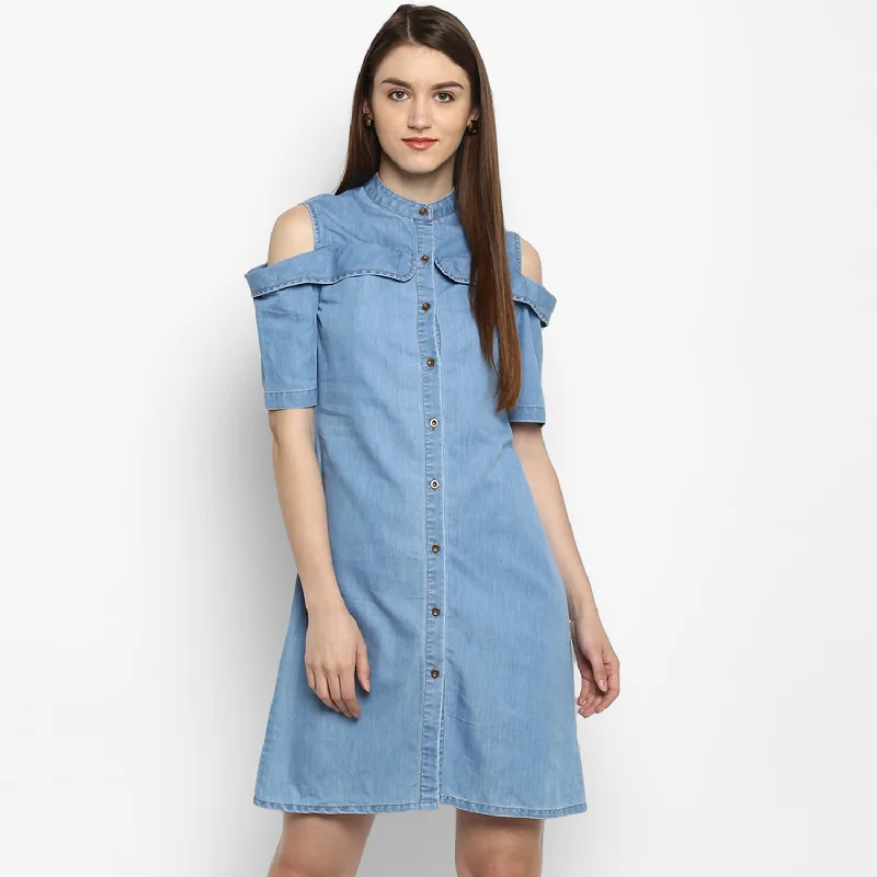 Elegant Slim Style Elegant Slim Style Women's Denim Cold Shoulder Dress - StyleStone Elegant Slim Style Elegant Slim Style Women's Denim Cold Shoulder Dress - StyleStone