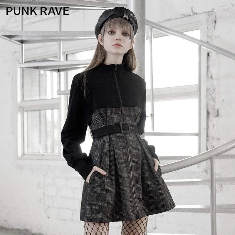 Simple Fashion Simple Fashion Women's Gothic Long Sleeved Plaid Slim-fitted Dresses